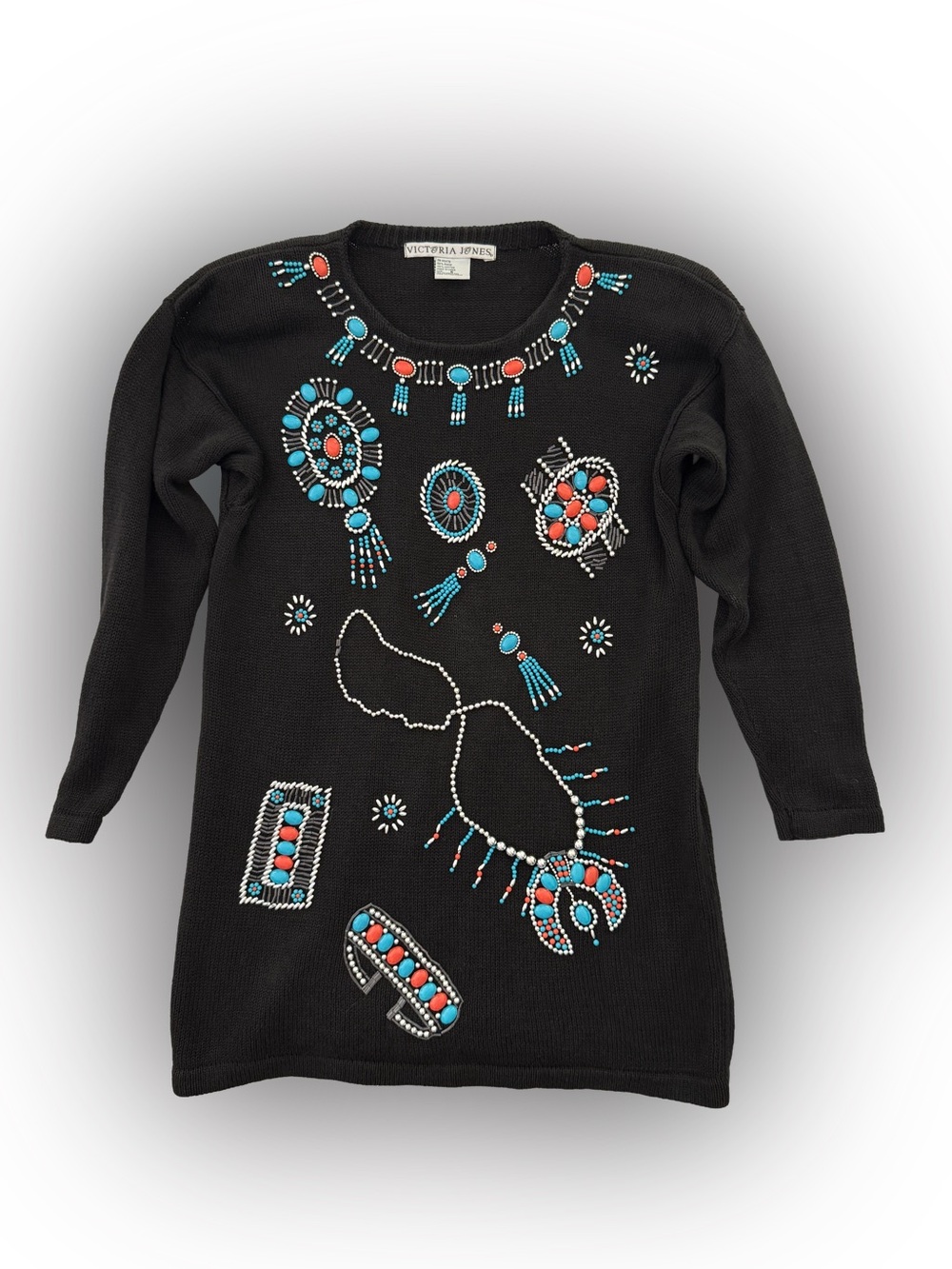 Victoria Jones 90s Vintage Black Southwest Beaded Tunic Sweater Size Small